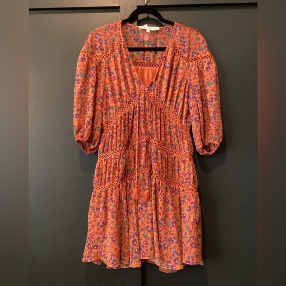 Rebecca Minkoff caden printed Floral long sleeve Tiered Ruffle Mini Dress Orange - Picture 6 of 12